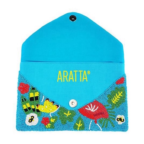 💕 ARATTA paradise hand embellished clutch flamingo print blue beaded NEW strap - Picture 3 of 7